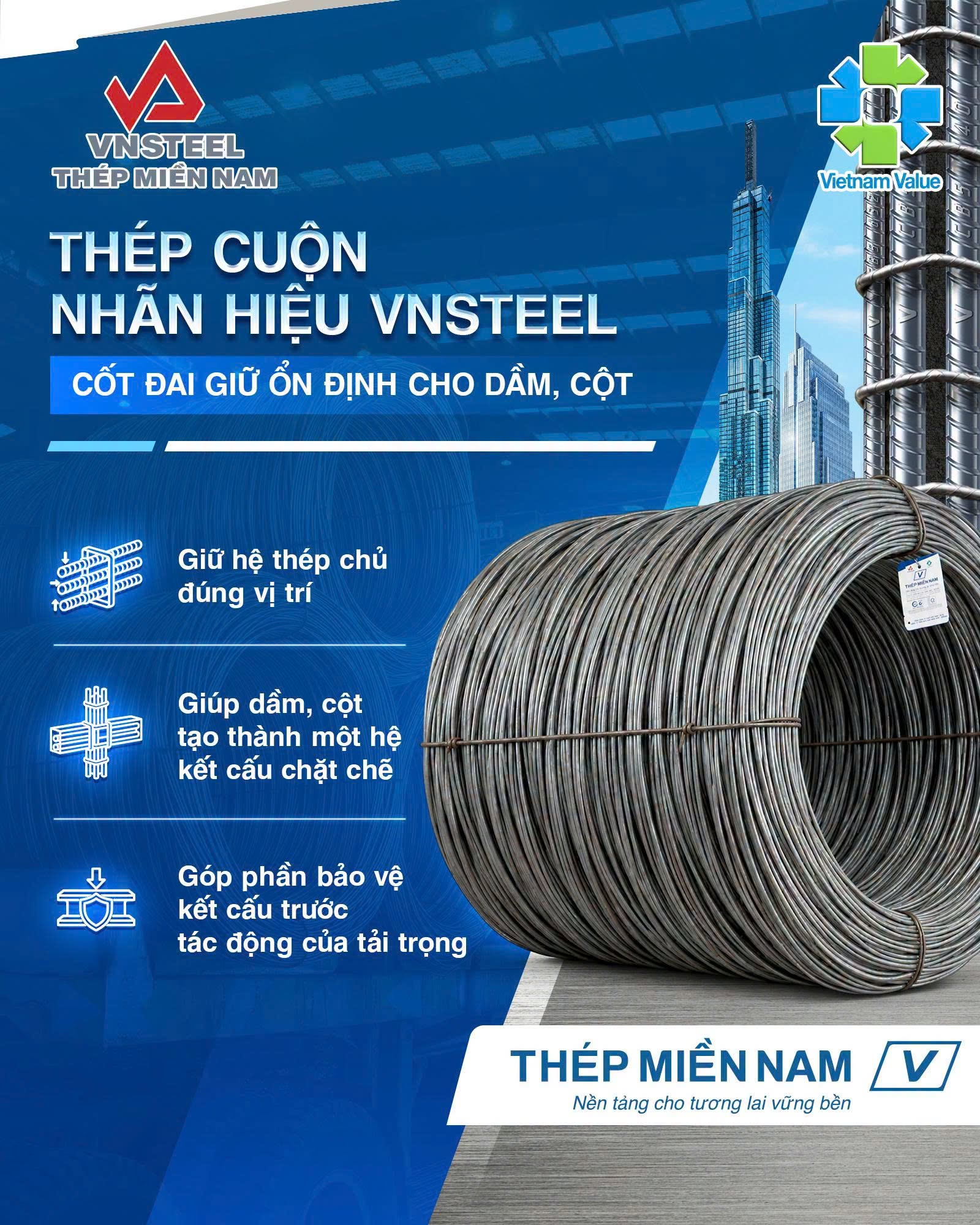 Thép cuộn nhãn hiệu VNSTEEL – Cốt đai giữ ổn định cho dầm, cột